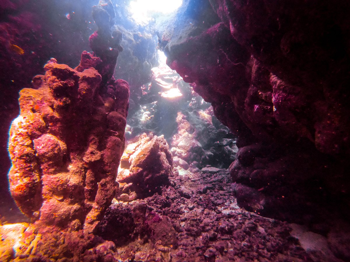Sunlight streaming into the cave at St John's, Deep South Red Sea, Egypt