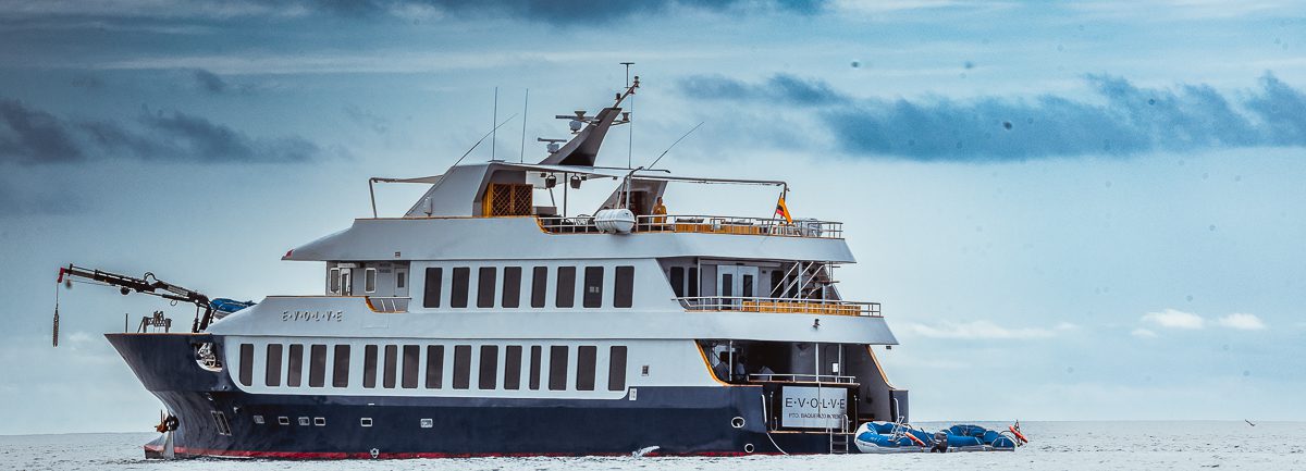 One of Ecoventura's three identical 20-guest yachts, Origin, Theory and Evolve, cruising in the Galapagos