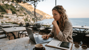 Luxury travel blogger working on a laptop at a coastal cafe overlooking the Amalfi Coast, with passport and notebook while building a travel blog business
