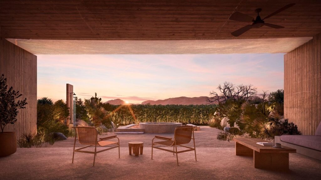 Rendering of a covered indoor-outdoor lounge at Paradero Villas, with woven armchairs, an outdoor shower and a plunge pool facing the sunset