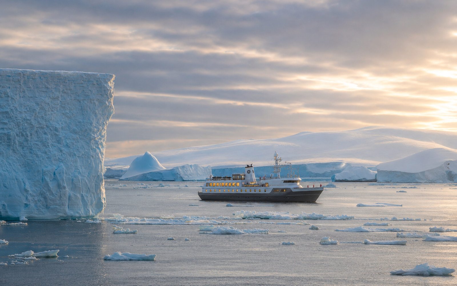 Aureum explorer yacht beside an iceberg, Antarctica