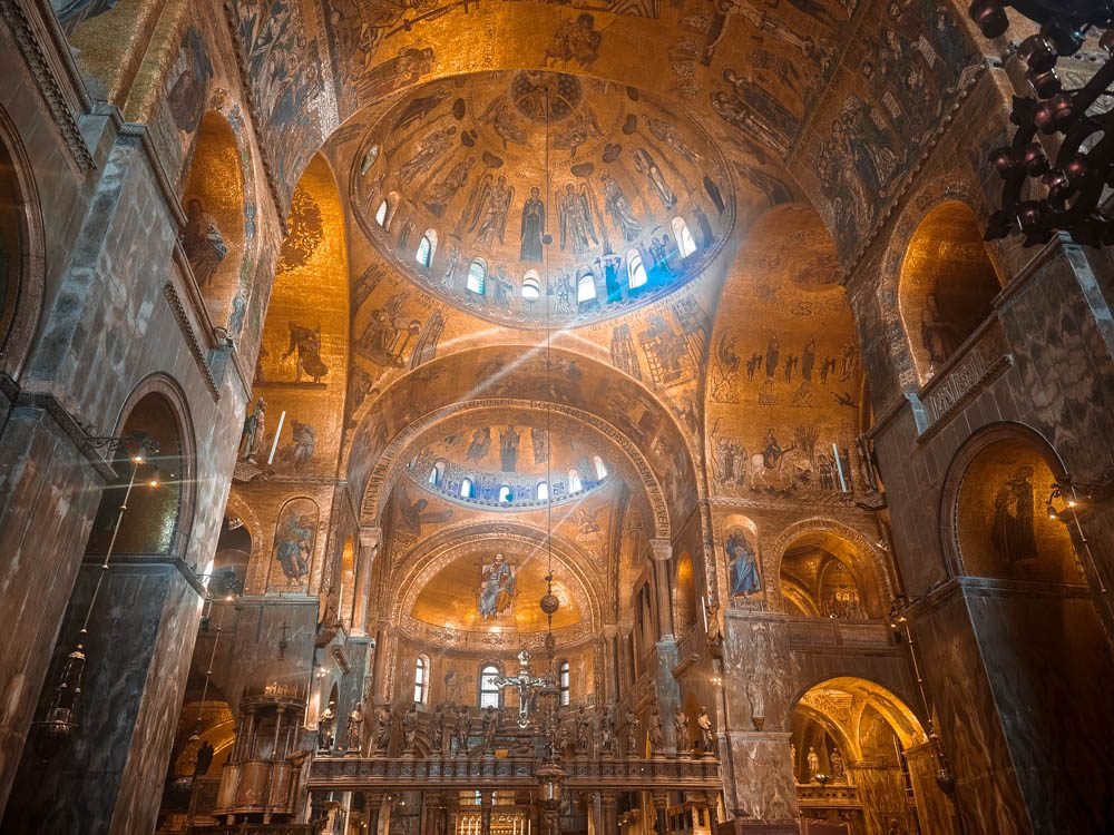 Gilded mosaic domes inside St Mark's Basilica in Venice