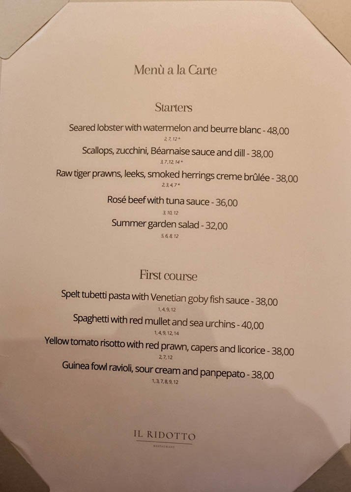 Starters and first courses on the à la carte menu at Il Ridotto in Venice