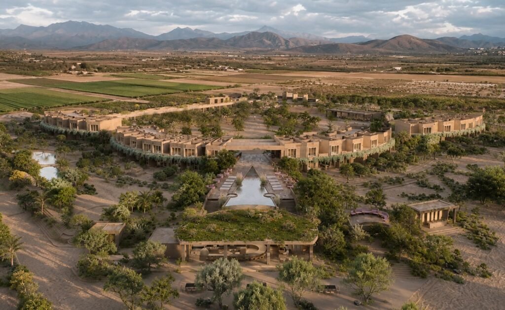 Aerial rendering of Paradero Villas at Paradero Todos Santos, with low earth-toned villas set around a long pool and mountains behind