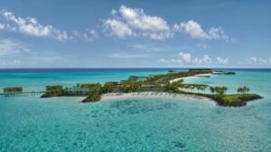 Aerial masterplan rendering of Bulgari Resort Ranfushi island in Raa Atoll Maldives