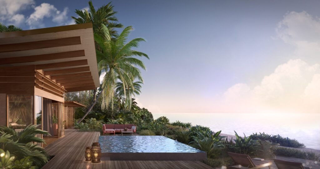 Beach villa with private pool rendering at Bulgari Resort Ranfushi Maldives
