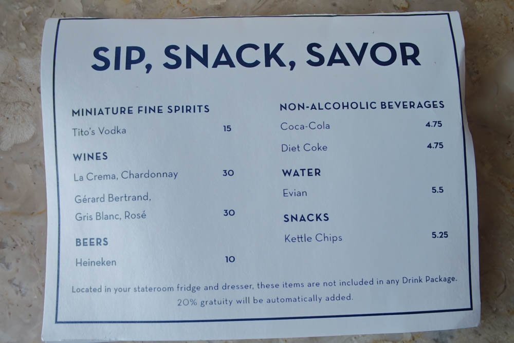 In-cabin minibar price card on Celebrity Constellation
