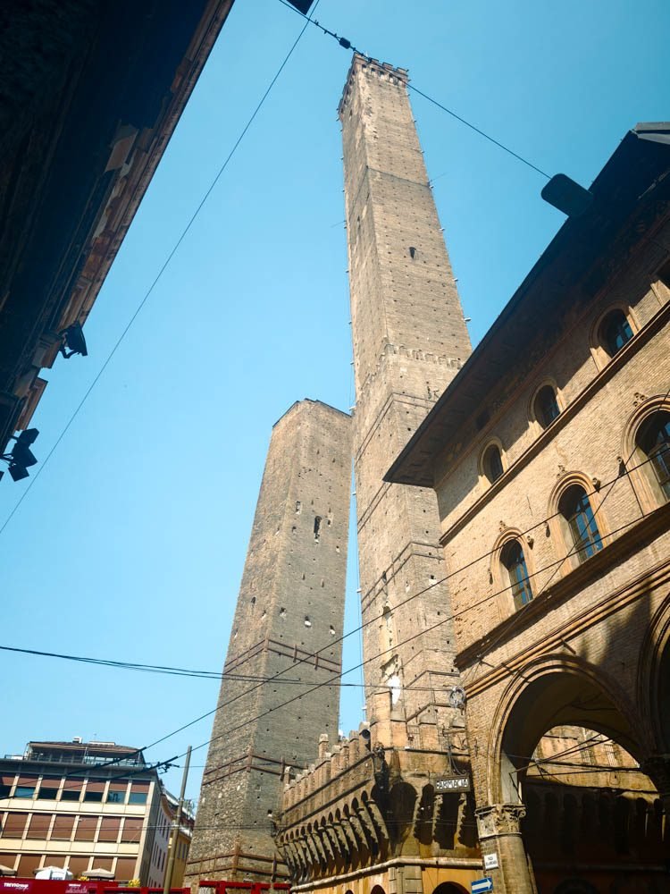 The Two Towers of Bologna seen from the street before a Celebrity Constellation cruise