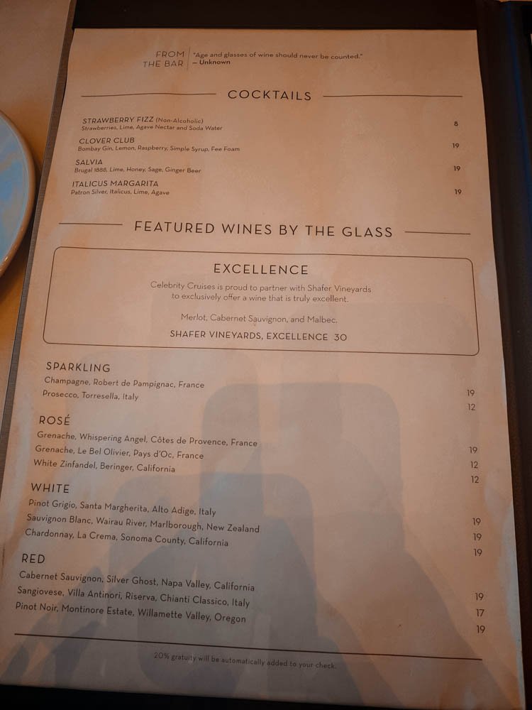 Cocktail and wine list on Celebrity Constellation