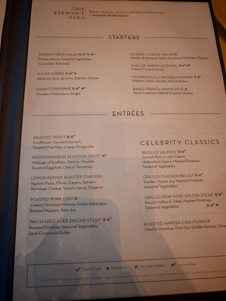 Sparkling wine and starters menu on Celebrity Constellation