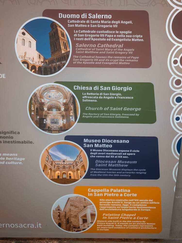 Information board listing the historic monuments of Salerno, Italy