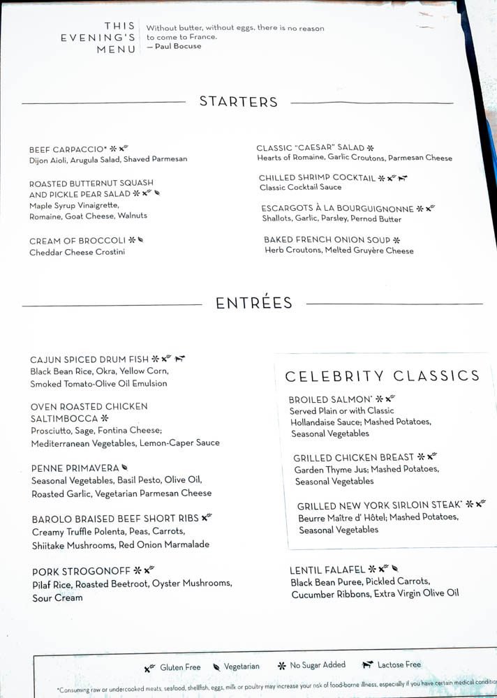 Dinner menu in the main dining room of Celebrity Constellation