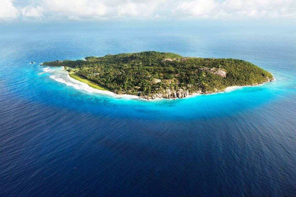 Aerial view of Fregate private island in the Seychelles with beaches and forest