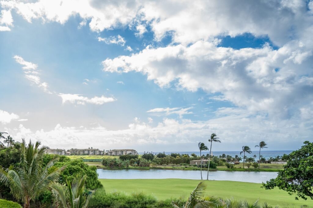 View over the Ocean Course lagoon and fairway to the Pacific at Hale Hōkūala Kaua’i, Curio Collection by Hilton