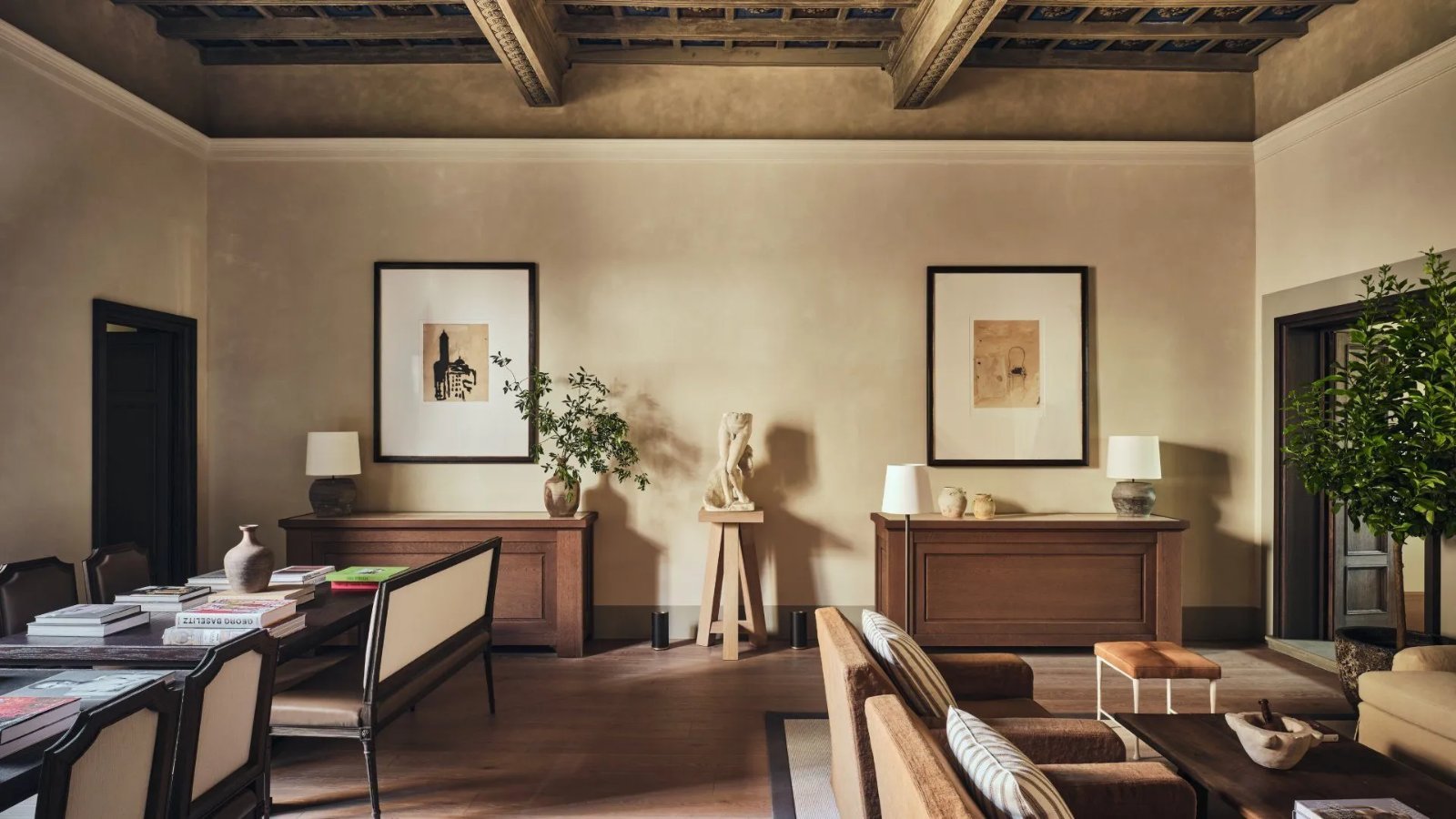 Apartment interior beneath the palazzo's painted beamed ceiling at La Réserve Firenze, Florence