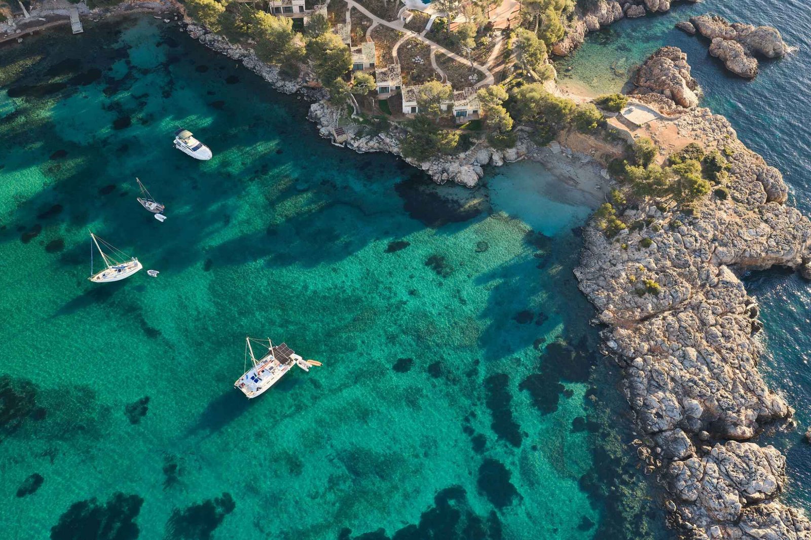 Aerial view of Mandarin Oriental Punta Negra on the Calvià headland in Mallorca with two private coves