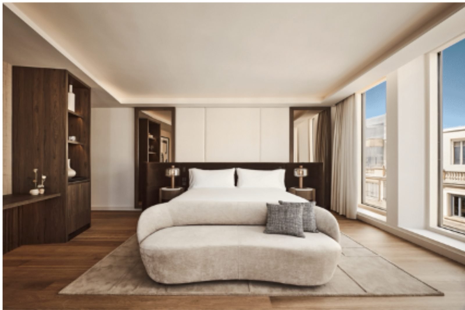Studio Caramba designed guest room at Nobu Hotel Madrid with warm wood and floor-to-ceiling windows