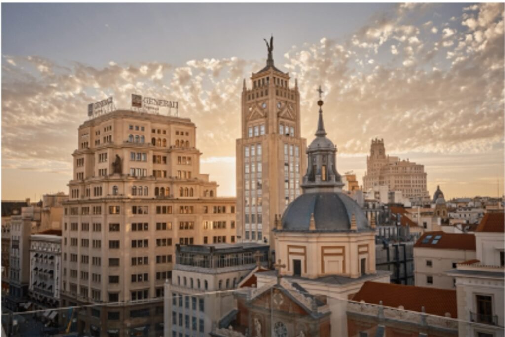 View over the Madrid skyline from Nobu Hotel Madrid on Calle Alcalá