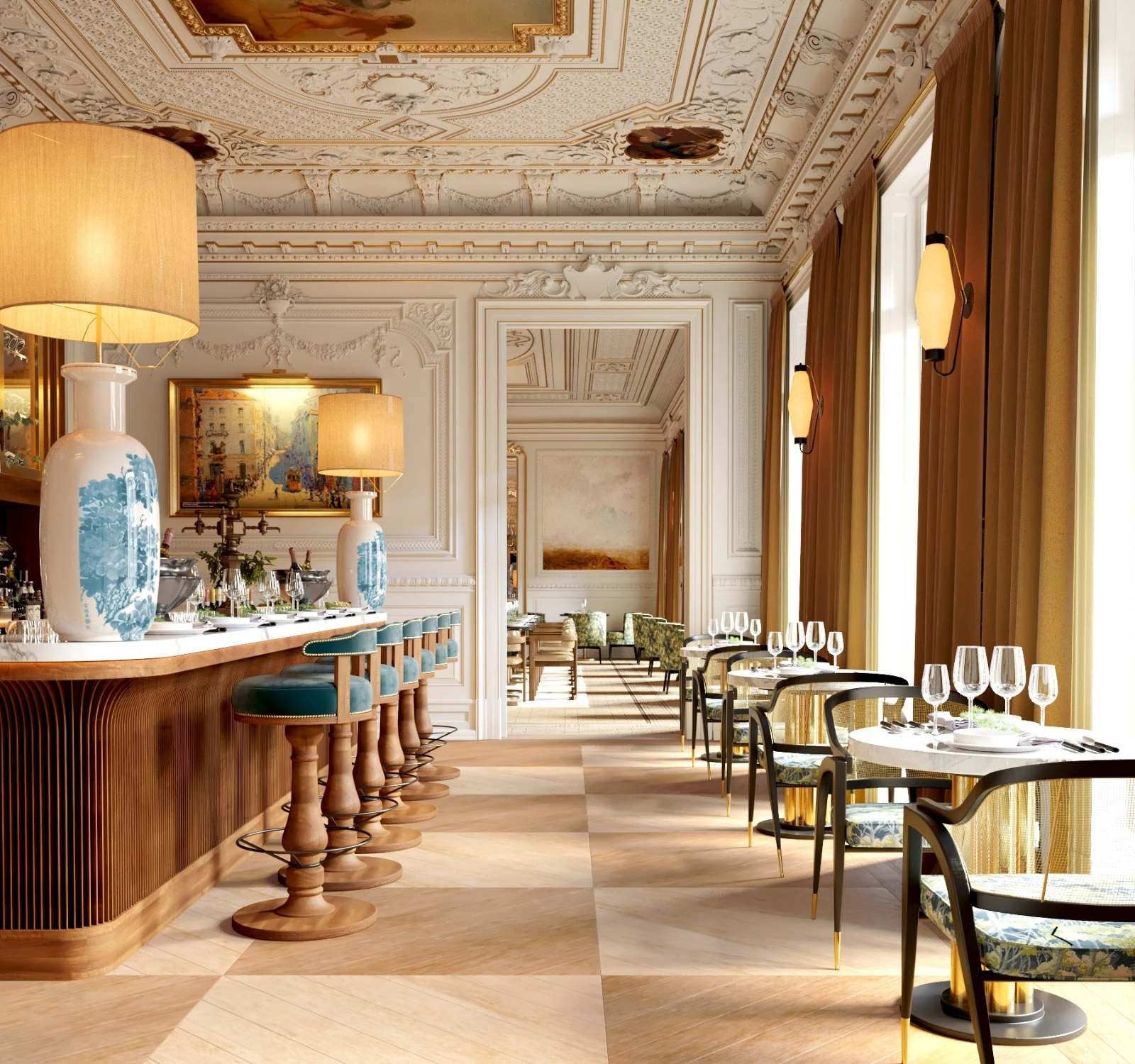 Six Senses Lisbon restaurant with tall windows, stone bar and pendant lighting inside the Palacio Lavra