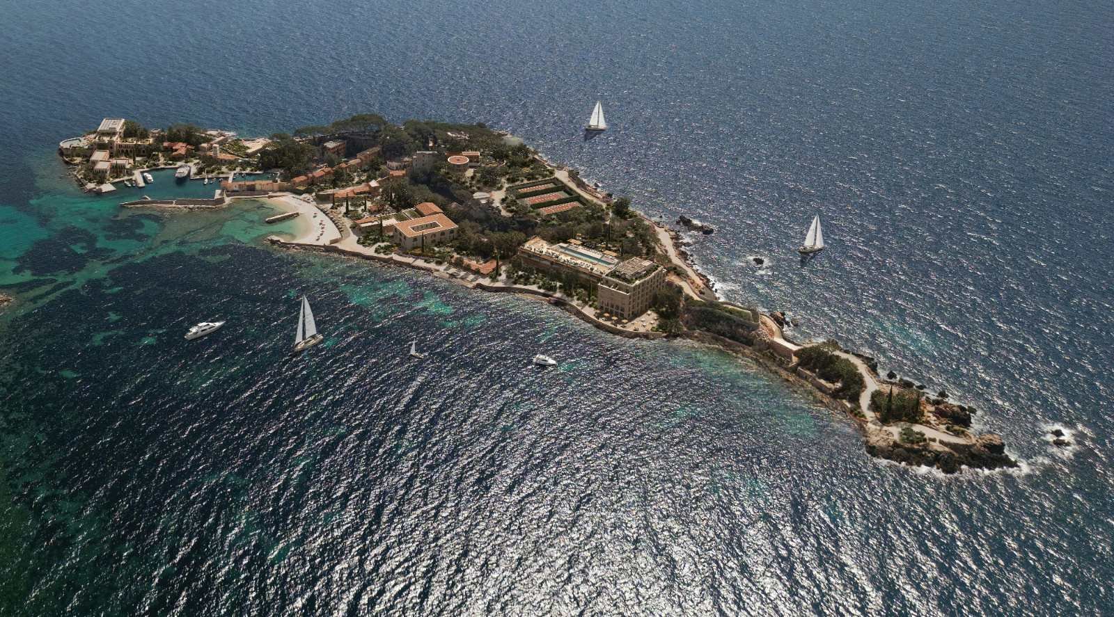 Aerial view of Zannier Île de Bendor private island off Bandol on the French Riviera