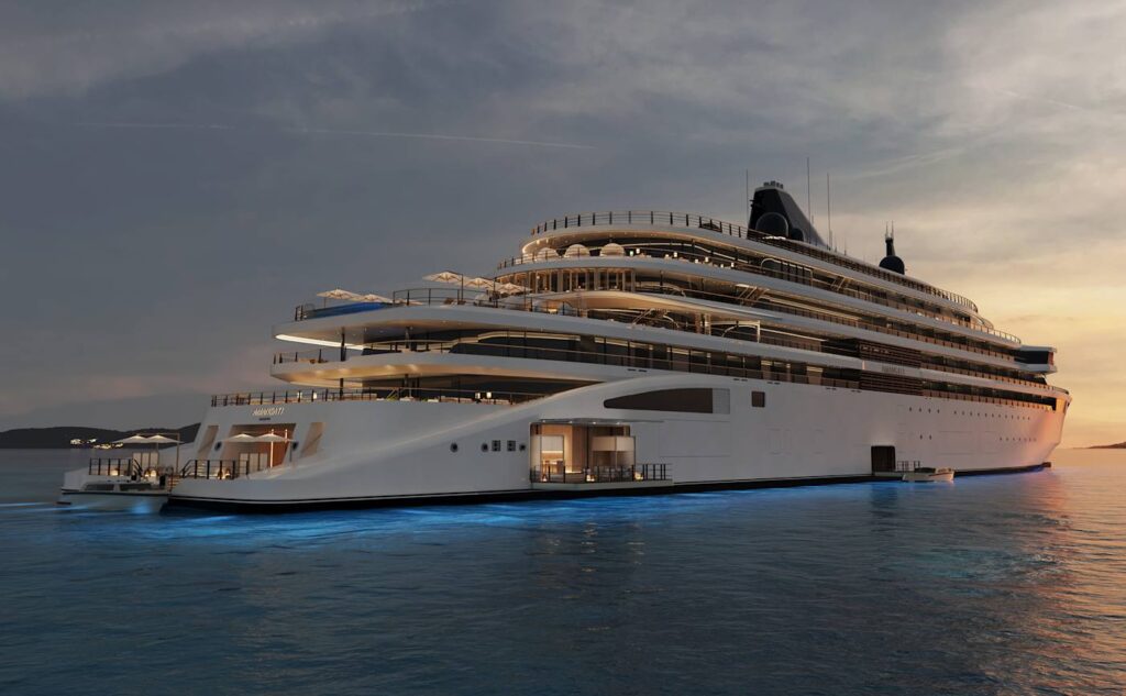 Rendering of Amangati, Aman at Sea's 180-metre motor yacht, lit up at dusk on calm water