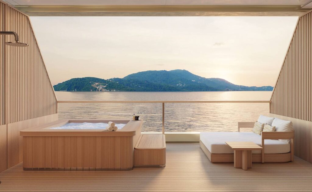 Rendering of a timber terrace aboard Amangati with a whirlpool bath and daybed facing the sea at sunset