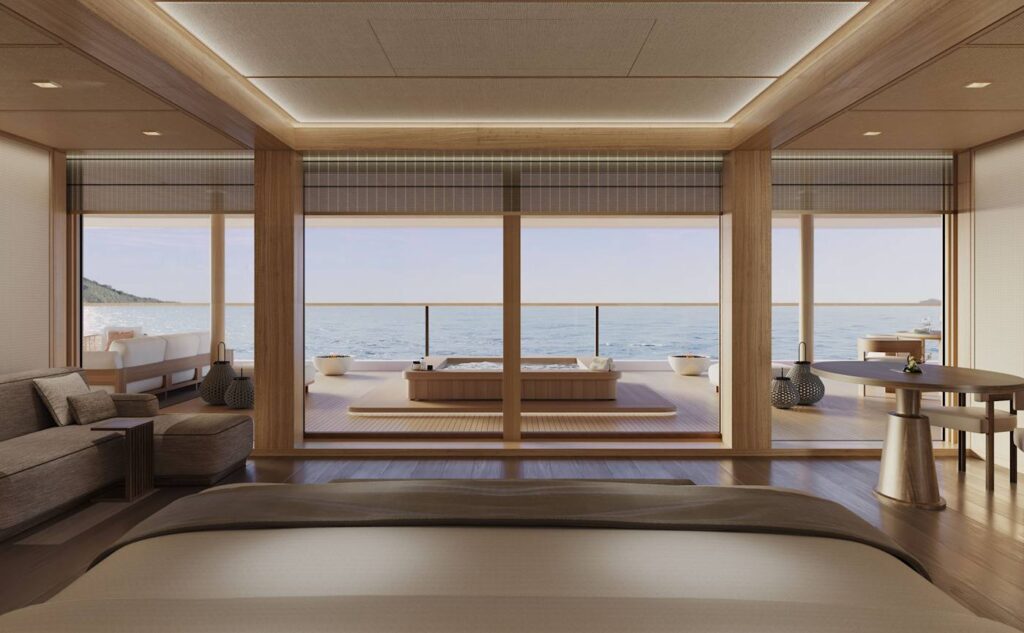Rendering of the Aman Suite bedroom on Amangati, with glass walls opening onto a terrace whirlpool and sea view