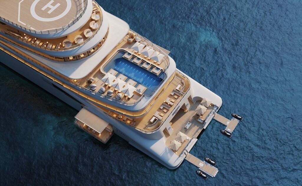Aerial rendering of Amangati's stern showing the helipad, pool deck and tenders at the marina platforms