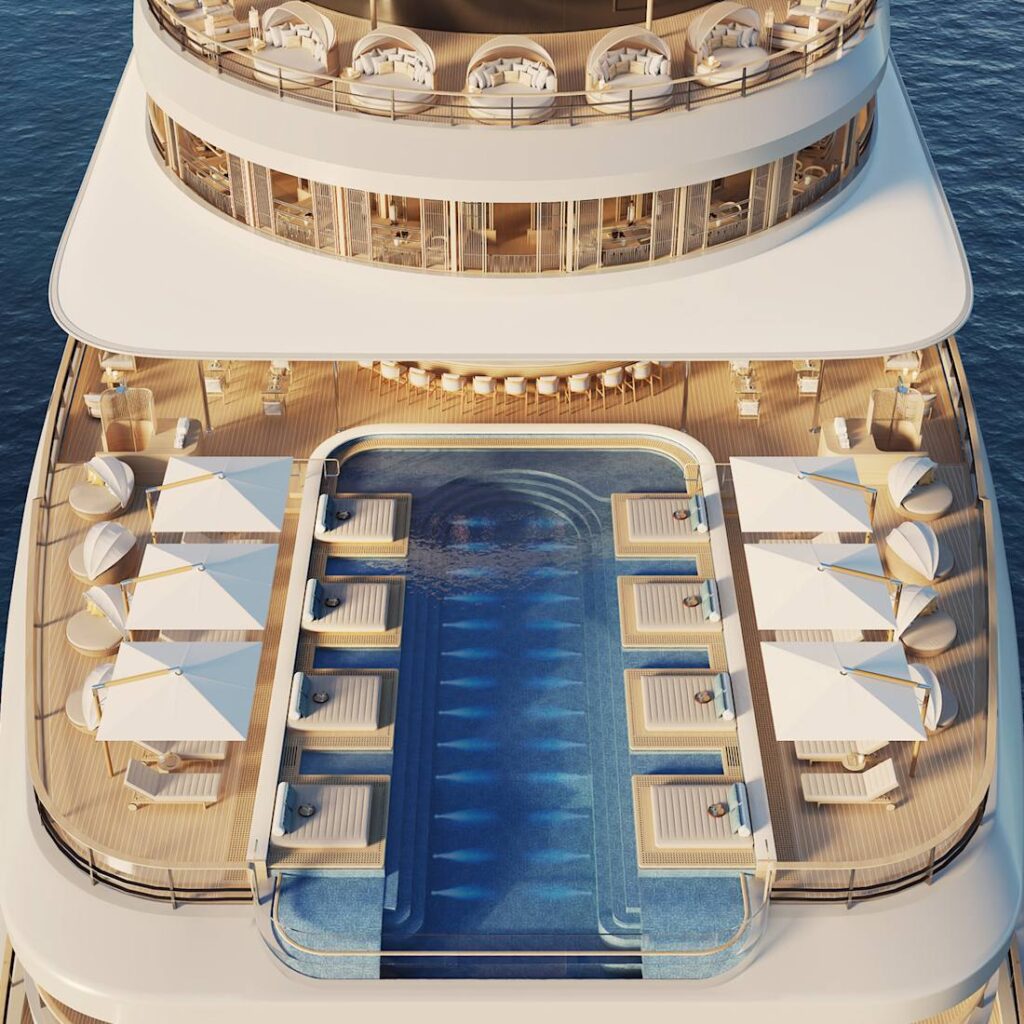 Overhead rendering of Amangati's pool deck, a long pool lined with loungers and white parasols