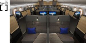 Rendering of ANA The Room FX business class cabin on the Boeing 787-9, with two centre suites and blue cushions