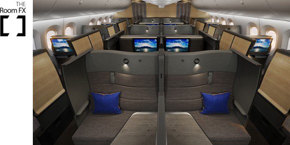 Rendering of ANA The Room FX business class cabin on the Boeing 787-9, with two centre suites and blue cushions