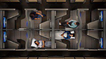 Overhead rendering of The Room FX cabin showing alternating forward- and rear-facing suites