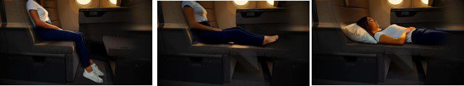 Three renderings of a passenger in The Room FX moving from the sofa-style seat to lying flat