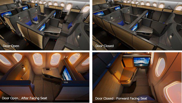 Four renderings of The Room FX suites with doors open and closed, in forward- and rear-facing positions