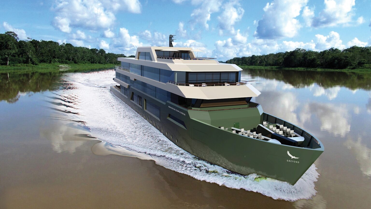 Rendering of andBeyond Amazon Explorer cruising along a wide brown river with rainforest on both banks