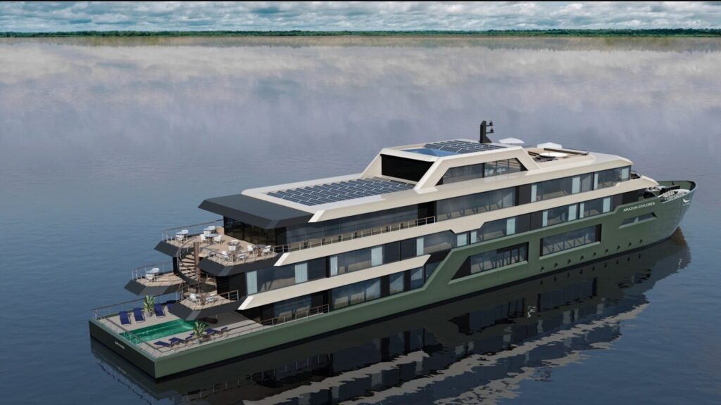 Rendering of andBeyond Amazon Explorer at anchor on a calm river, seen from above with the pool deck and River Retreat at the stern