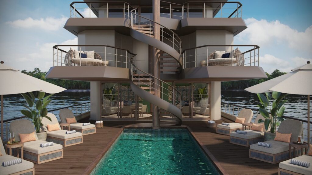 Rendering of the splash pool and sun loungers on andBeyond Amazon Explorer, with a spiral staircase rising between the upper decks
