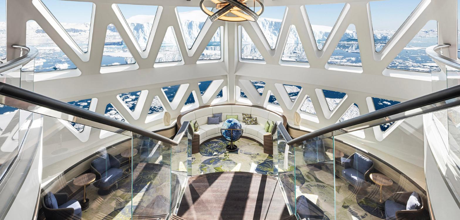 The Science Centre observation lounge on Douglas Mawson, its triangular X-BOW windows looking out over Antarctic ice