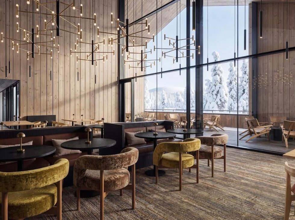 Restaurant 8 at Arcora Boutique Hotel & Villas, with double-height windows over the Lapland forest