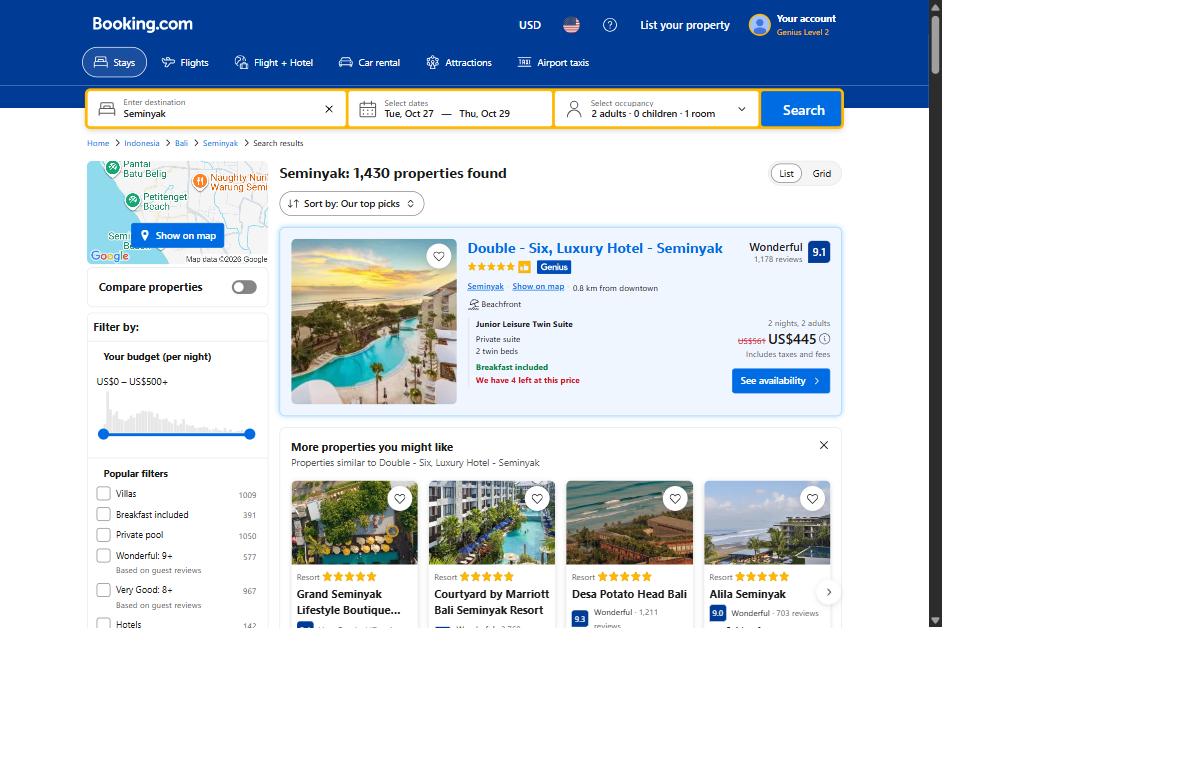 Booking.com showing Double-Six Luxury Hotel Seminyak Junior Leisure Twin Suite at US$445 with a Genius rate, breakfast included, for two nights, 15 September 2026