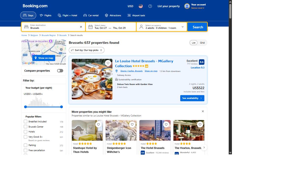 Booking.com showing Le Louise Hotel Brussels Deluxe Twin Room with Garden View at US$522 for two nights, 15 September 2026