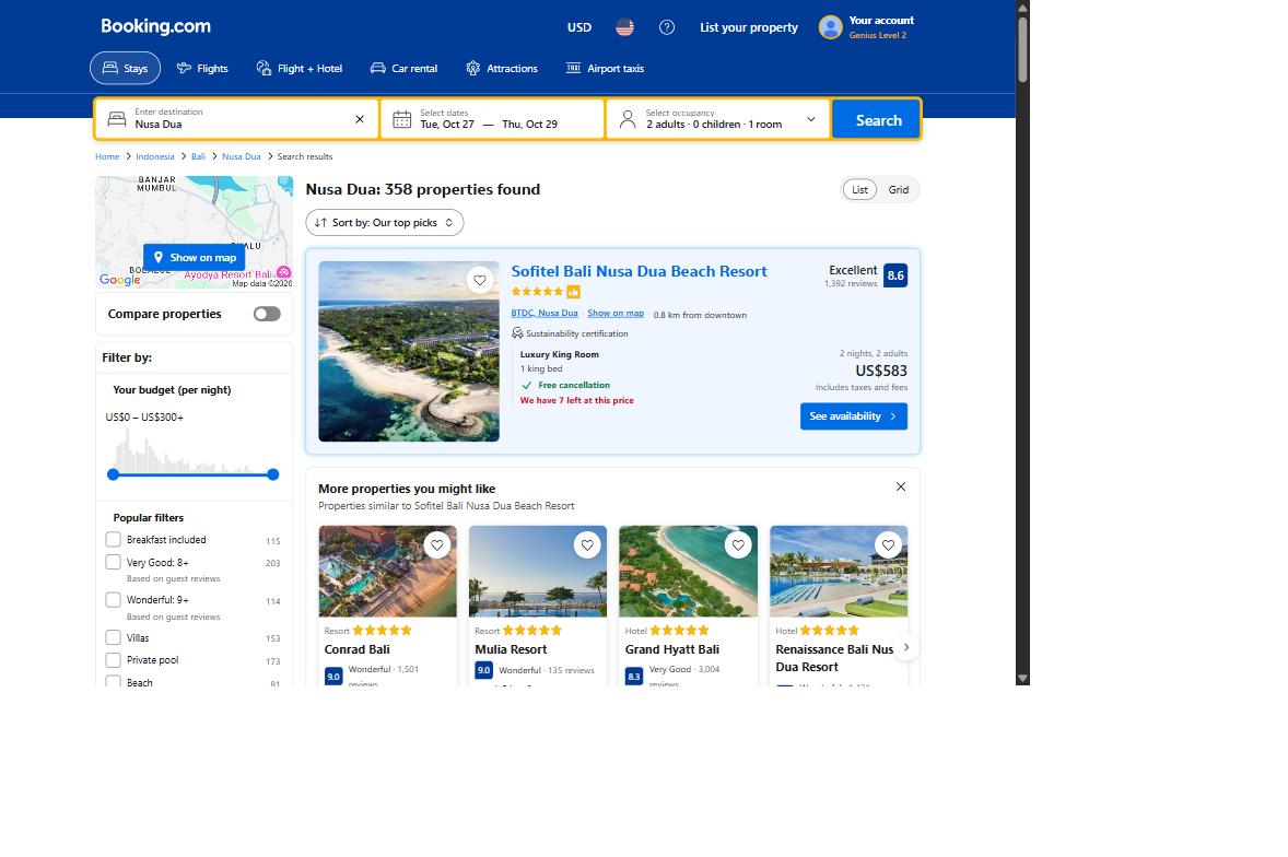 Booking.com showing Sofitel Bali Nusa Dua Luxury King Room at US$583 for two nights, 15 September 2026
