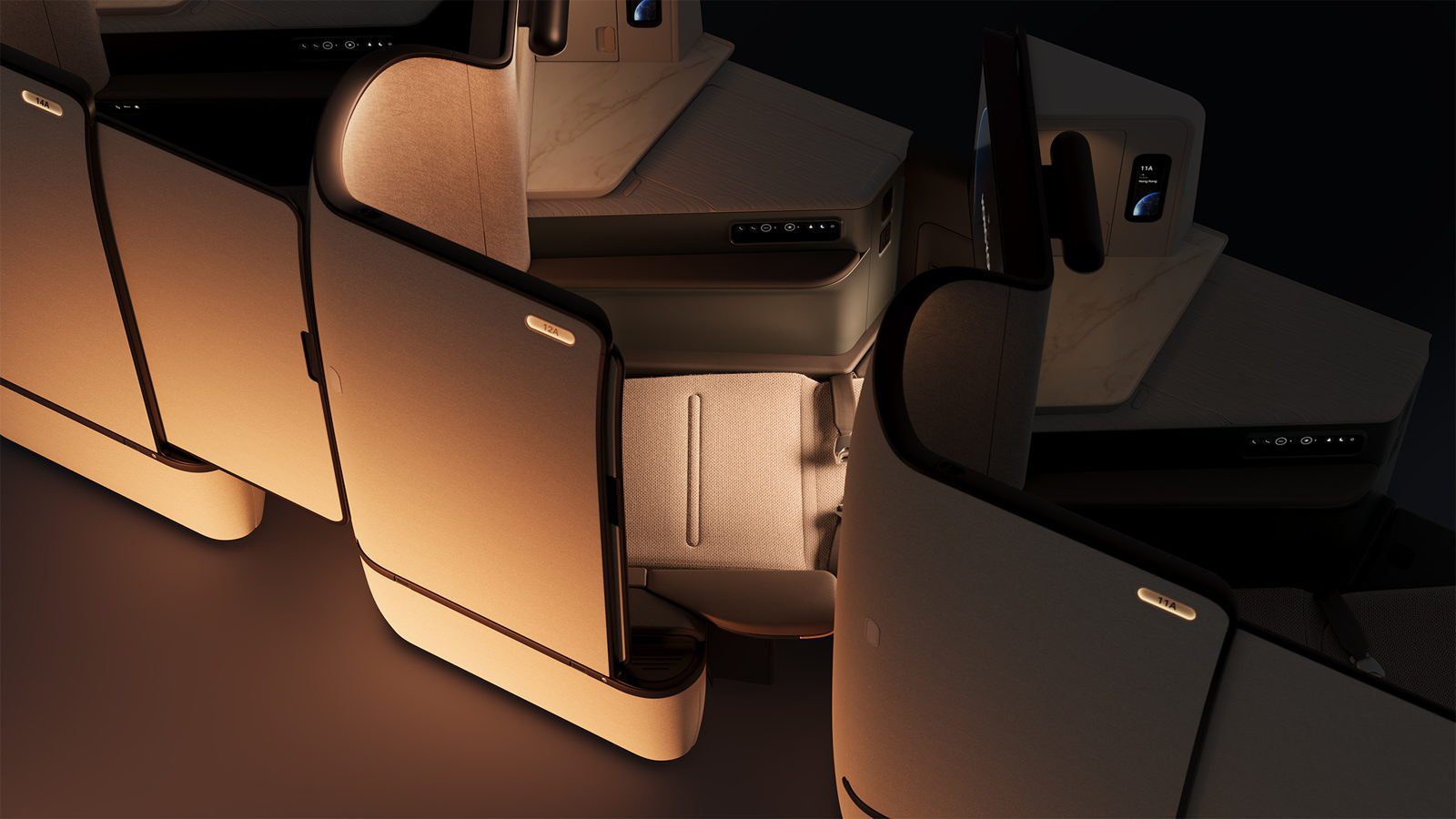 Cathay Pacific Aria Suite business class cabin in a 1-2-1 layout