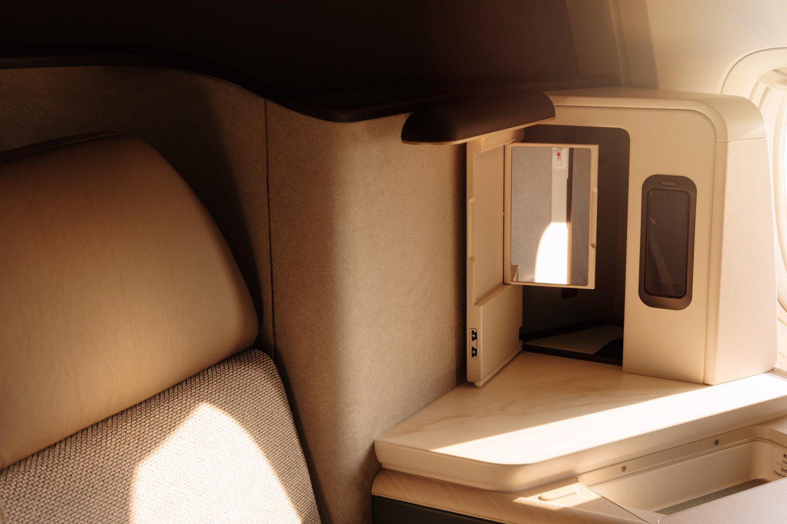 Interior of a Cathay Pacific Aria Suite business class suite