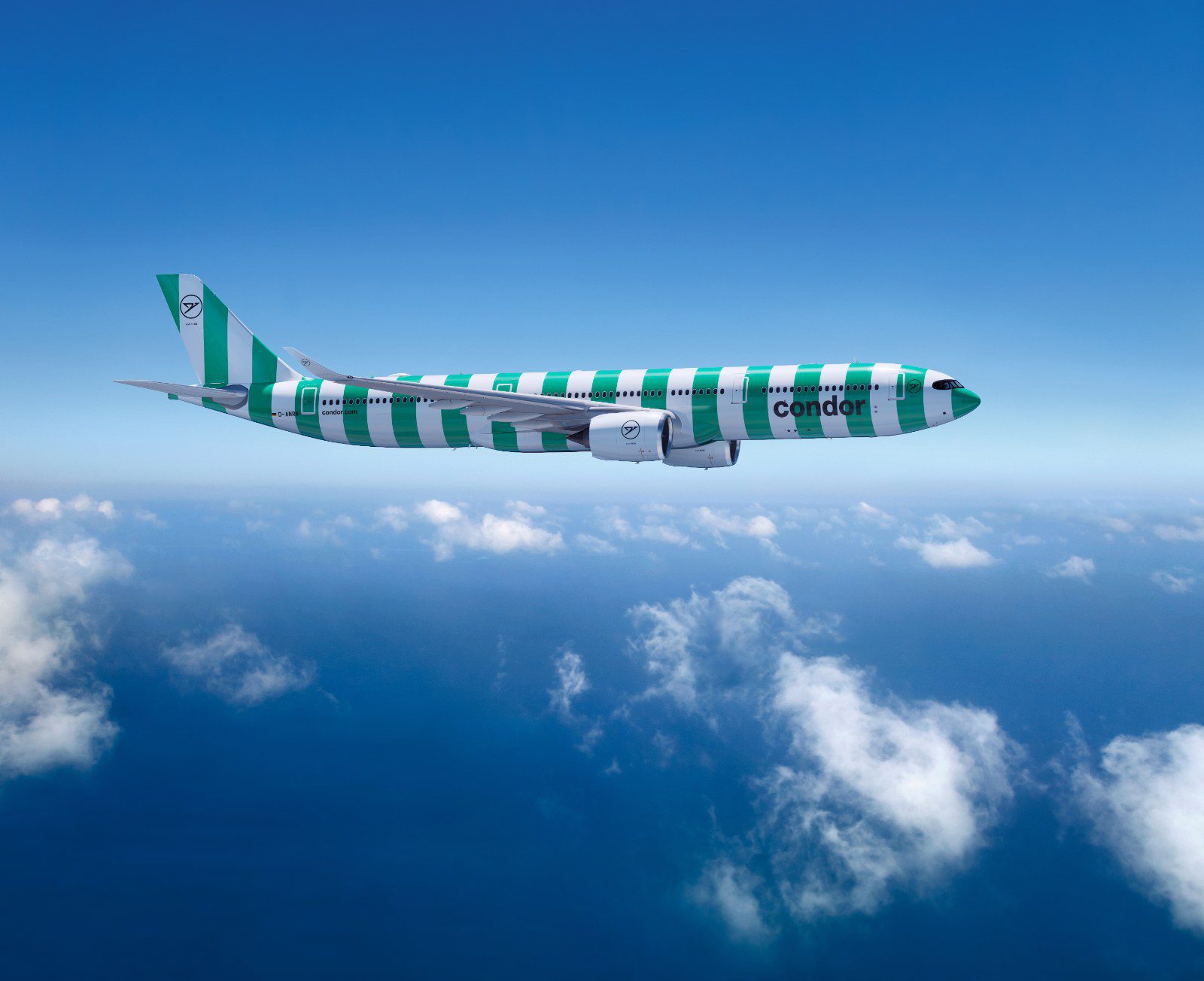 Condor A330neo in green-and-white striped livery flying above the clouds