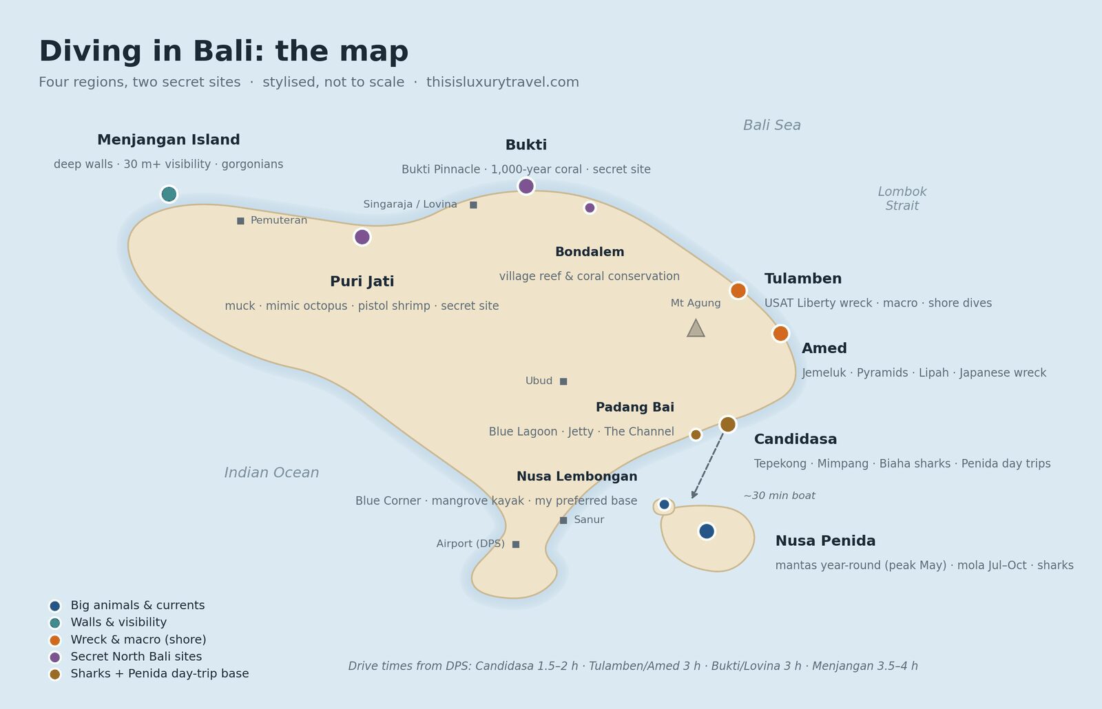 Map of diving in Bali showing Nusa Penida, Menjangan, Tulamben, Amed, Candidasa and the secret North Bali sites Bukti and Puri Jati
