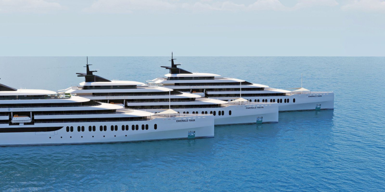 A computer rendering of three Emerald yachts of the Kaia class — Kaia, Raiya and Xara — lying line astern on calm blue water