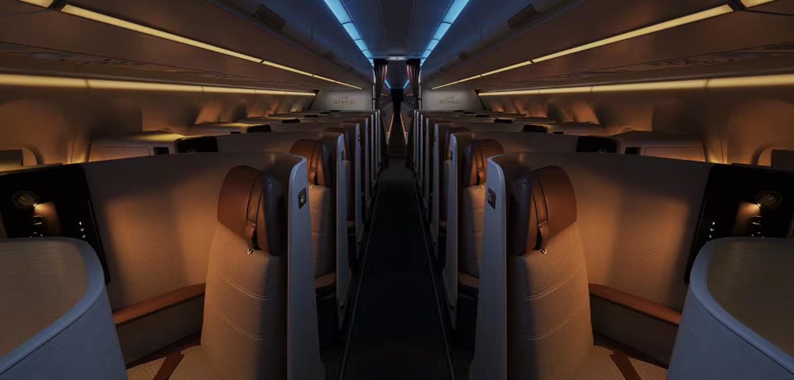 Etihad A321LR business class cabin seen down the aisle with mood lighting