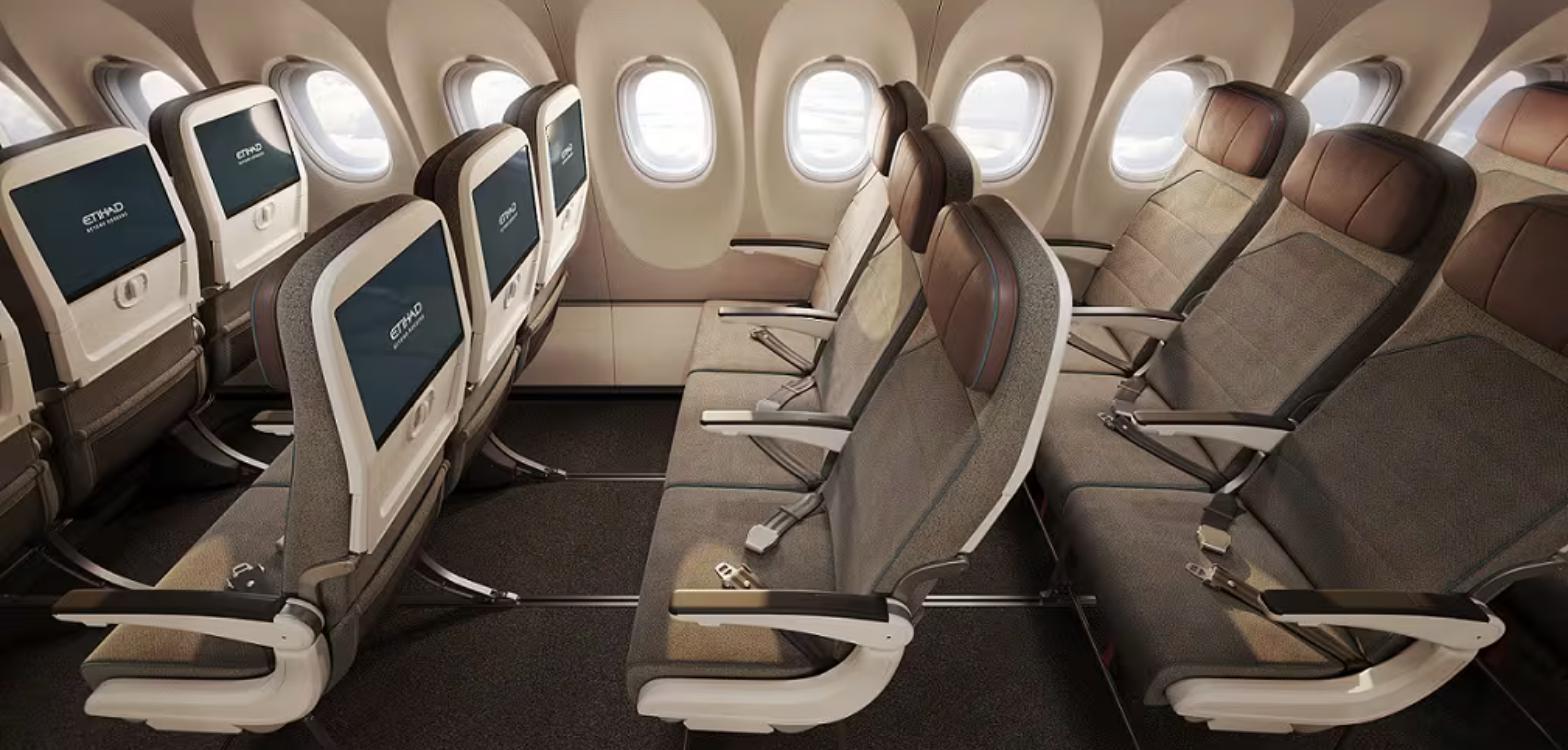 Economy class seats on the Etihad A321LR with seat-back screens beside the windows