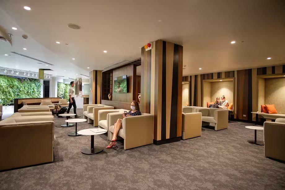 Armchairs and seating areas in the Fiji Airways Premier Lounge at Nadi